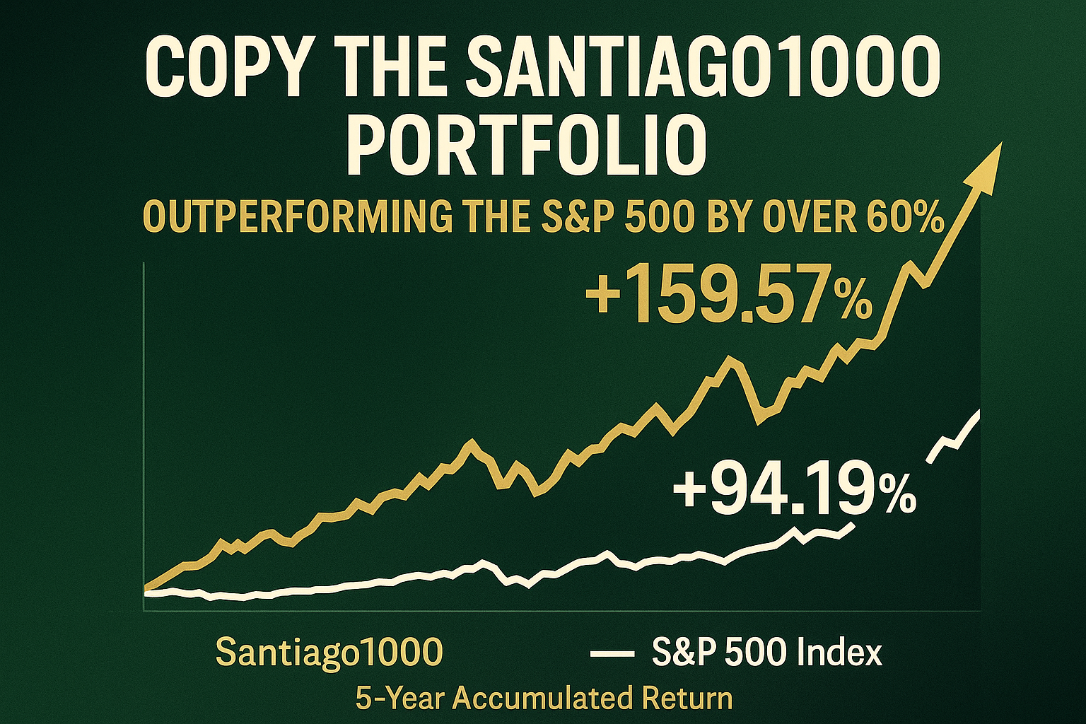 Weekly performance chart of the Santiago1000 portfolio, highlighting a +159.57% 5-year return and an average risk score below 5.