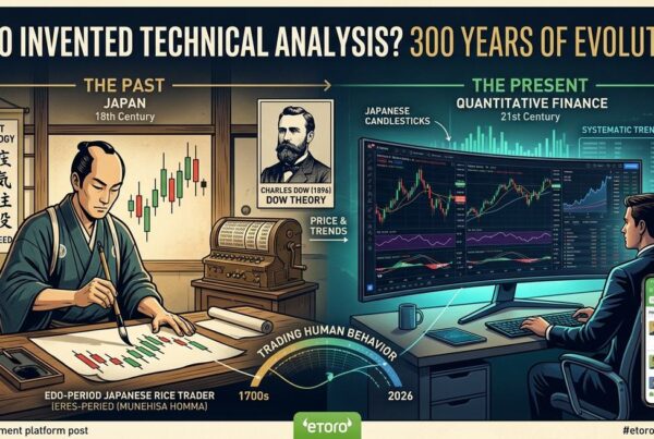 Who invented technical analysis: 18th-century Japanese rice trader drawing candlesticks next to a modern quantitative trading desk