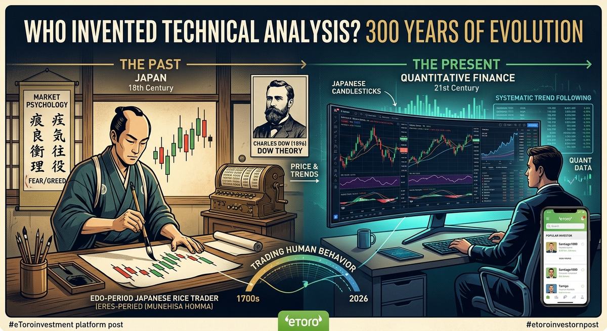 Who invented technical analysis: 18th-century Japanese rice trader drawing candlesticks next to a modern quantitative trading desk