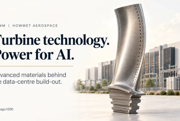 Howmet Aerospace turbine blade in front of data centres and a power substation — Turbine technology. Power for AI.