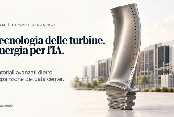 Pala di turbina di Howmet Aerospace davanti a data center e a una sottostazione elettrica — Tecnologia delle turbine. Energia per l’IA.