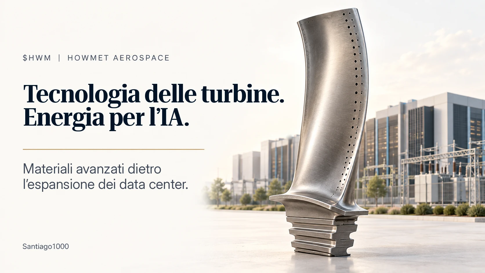 Pala di turbina di Howmet Aerospace davanti a data center e a una sottostazione elettrica — Tecnologia delle turbine. Energia per l’IA.