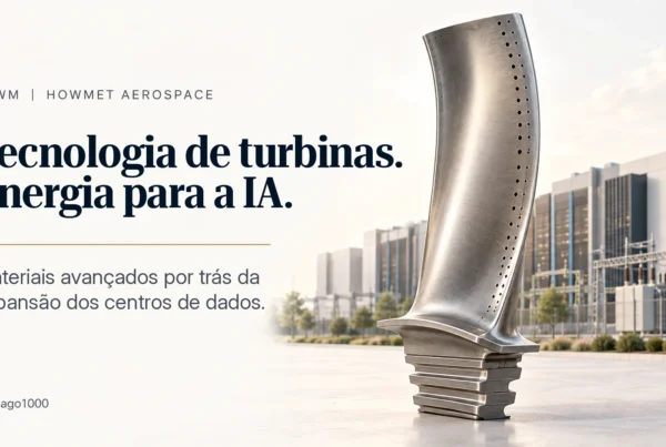 Pá de turbina da Howmet Aerospace diante de centros de dados e de uma subestação elétrica — Tecnologia de turbinas. Energia para a IA.