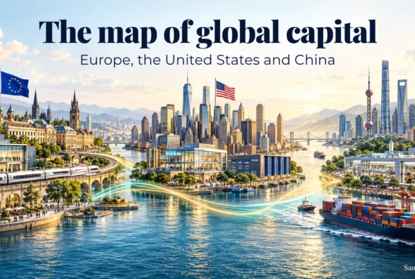 Illustration of cities, infrastructure and industry in Europe, the United States and China, linked by lines symbolising flows of capital and trade.
