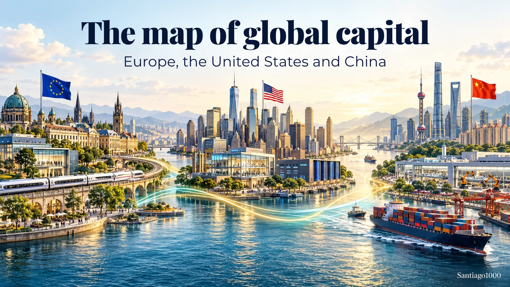 Illustration of cities, infrastructure and industry in Europe, the United States and China, linked by lines symbolising flows of capital and trade.
