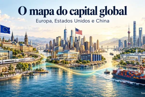Ilustração de cidades, infraestruturas e indústria na Europa, nos Estados Unidos e na China, ligadas por linhas que simbolizam fluxos de capital e comércio.
