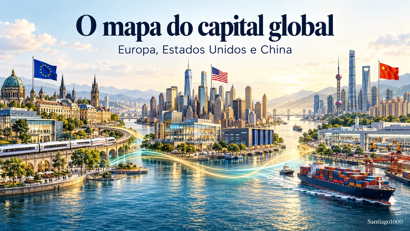 Ilustração de cidades, infraestruturas e indústria na Europa, nos Estados Unidos e na China, ligadas por linhas que simbolizam fluxos de capital e comércio.