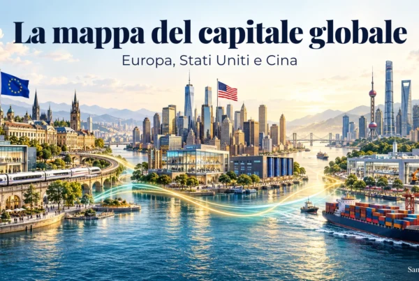 Illustrazione di città, infrastrutture e industria in Europa, negli Stati Uniti e in Cina, collegate da linee che simboleggiano flussi di capitale e commercio.
