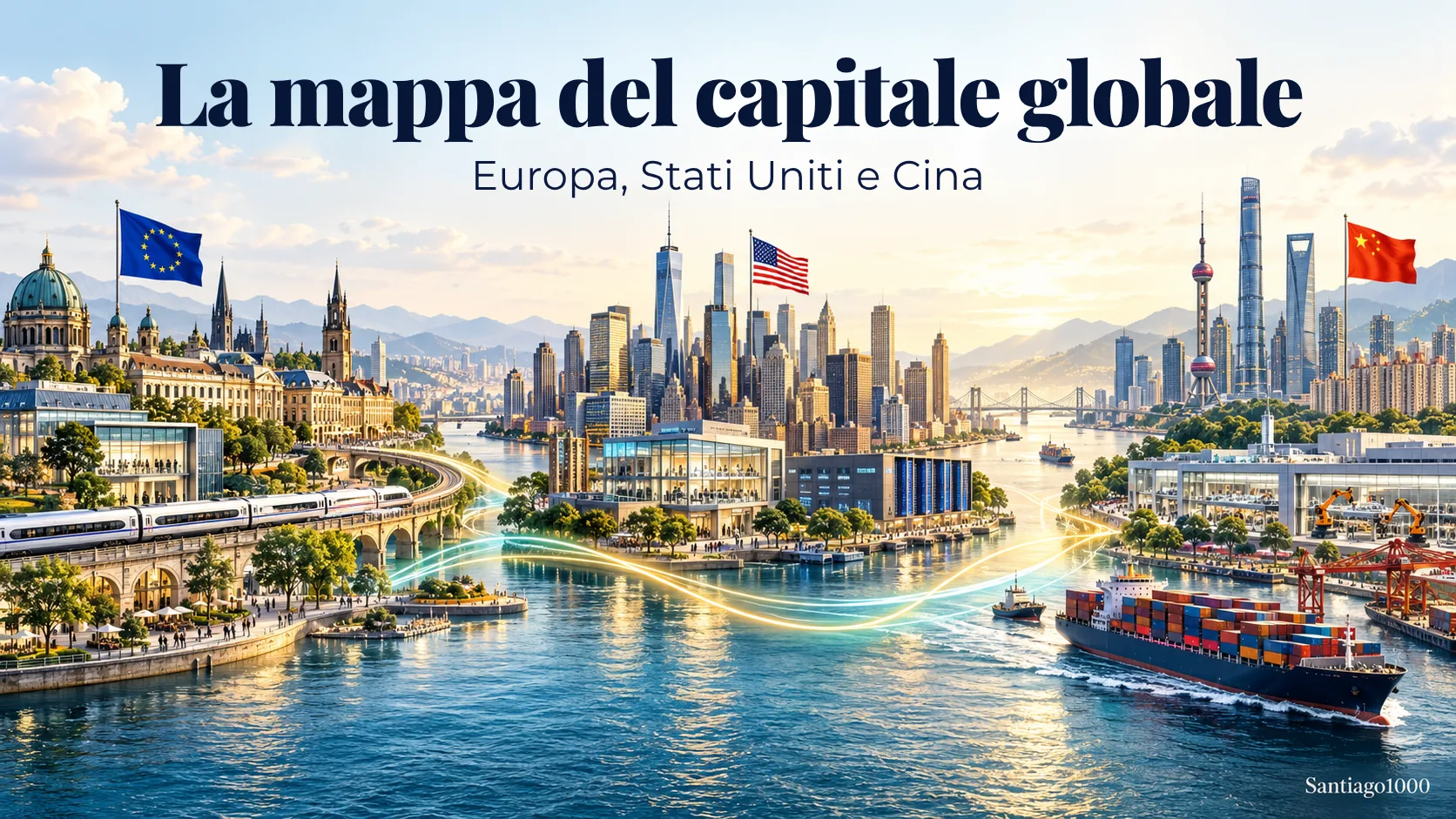Illustrazione di città, infrastrutture e industria in Europa, negli Stati Uniti e in Cina, collegate da linee che simboleggiano flussi di capitale e commercio.