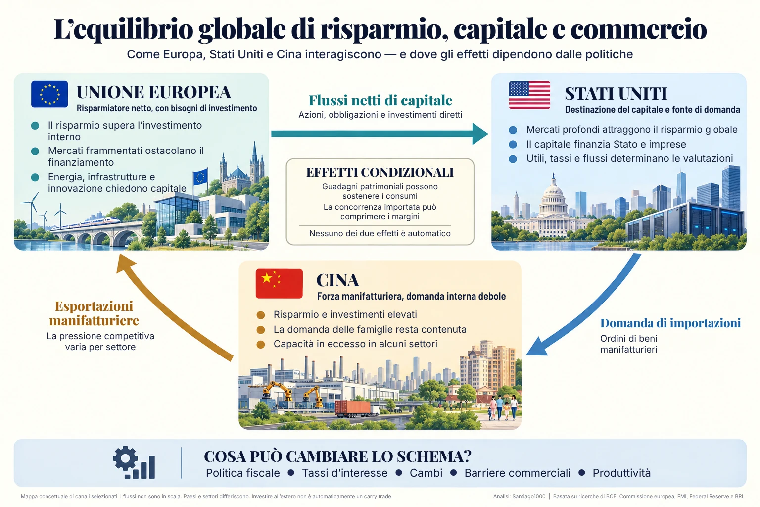 Mappa concettuale dei flussi di capitale dall'Unione europea verso gli USA, della domanda americana di importazioni cinesi e delle esportazioni industriali cinesi verso l'Europa, con effetti condizionali.